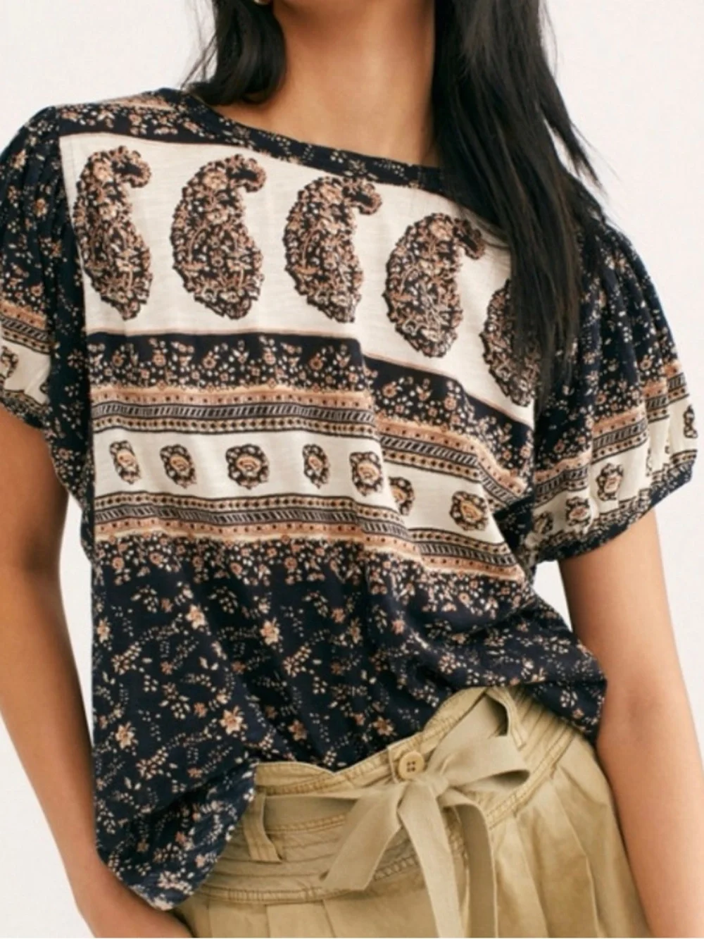 Free People Boho Printed‎ Short Sleeve Top XS Flowy Peasant Blouse